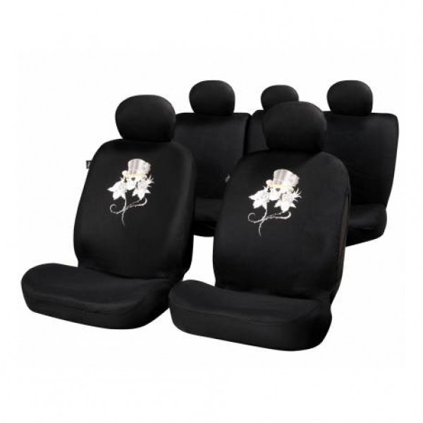 Fundas asiento textiles negras rose & skull