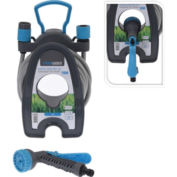 Manguera de jardín 3/8 pulg. 10 m con pistola y soporte de pared, 18,5 x 14 x 24,5 cm